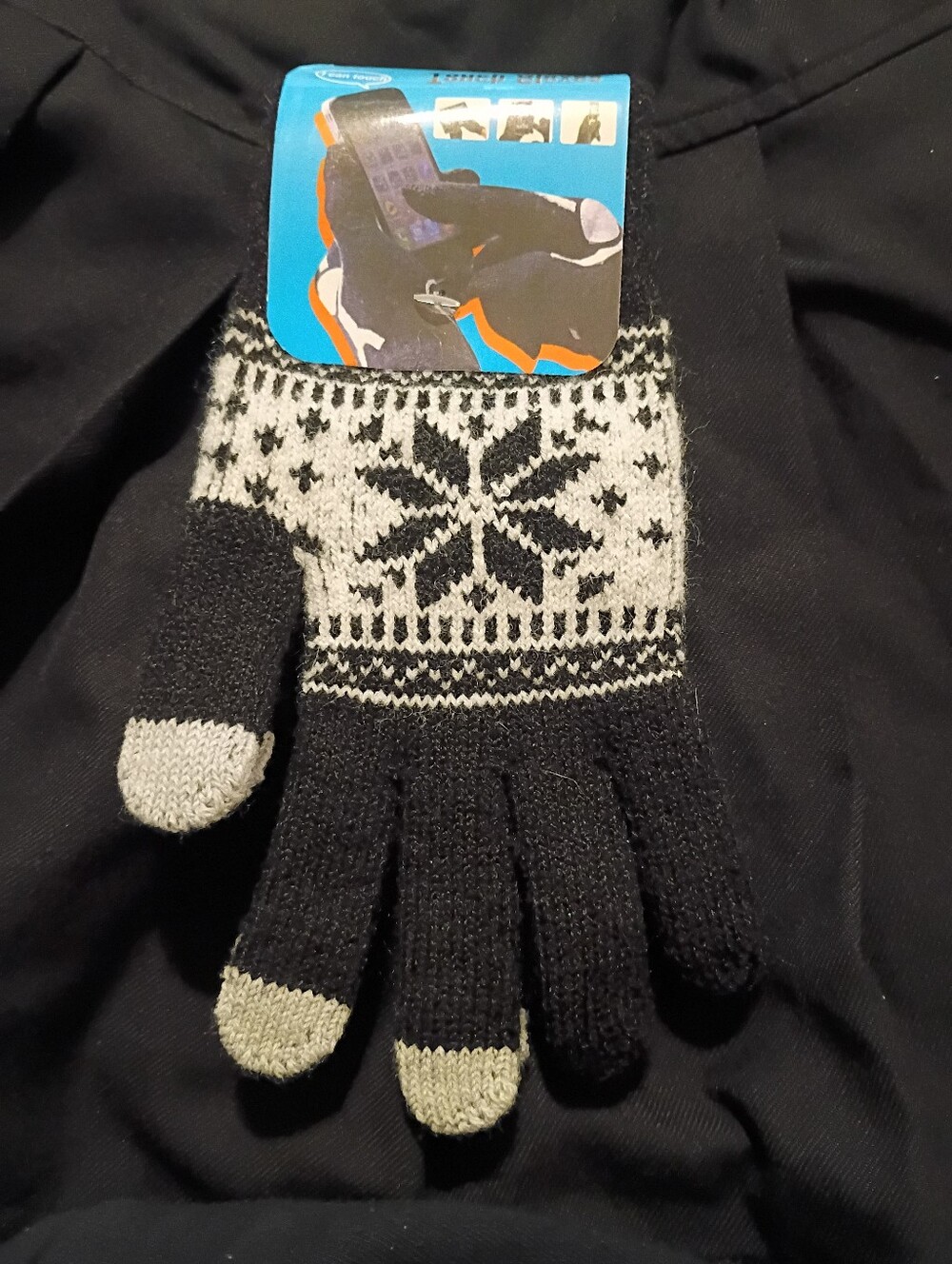 Black Snowflake Knit Gloves with Gray Trim